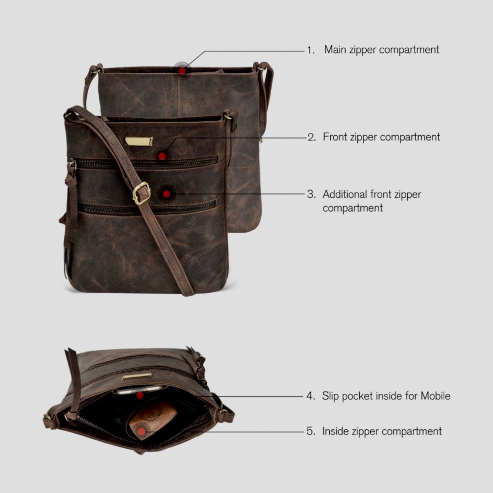Estalon Brown Leather Crossbody Messenger Bag Purse - Picture 4 of 16